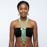 Marbled Green and Stone Bead Tassel Y Necklace