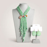 Marbled Green and Stone Bead Tassel Y Necklace