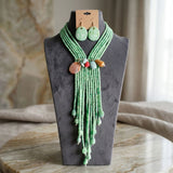 Marbled Green and Stone Bead Tassel Y Necklace