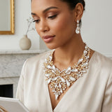 Clear Glass Crystal Gold Flower Large Bib Necklace