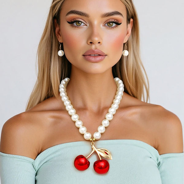 Pearl Necklace Cream Cherry Drop Pendant Necklace