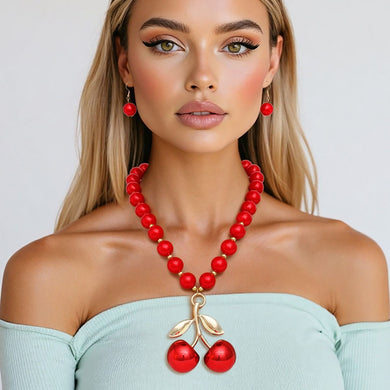 Pearl Necklace Red Cherry Drop Pendant Necklace