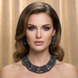 Navy Metallic Bead Woven Collar Bib Necklace