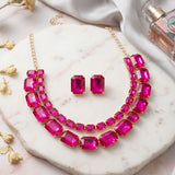 Fuchsia Emerald Cut Crystal 2 Row Necklace Set