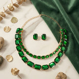 Green Emerald Cut Crystal 2 Row Necklace Set