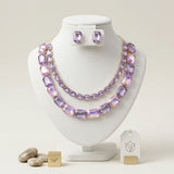 Lavender Emerald Cut Crystal 2 Row Necklace Set