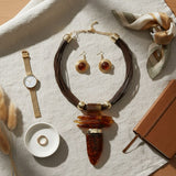 Caramel Brown Marbled Horn Pendant Cord Necklace