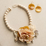 Cream Floral Garden Wood Bead Statement Necklace