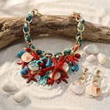 Red Coral and Starfish Bib Seaside Gold Necklace