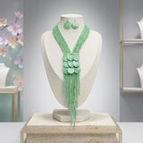 Marbled Green Bead Multi Strand Tassel Necklace