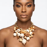 Natural Wood Chunky Geometric Bead Bib Necklace