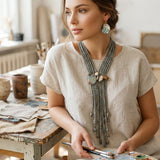 Marbled Gray and Stone Bead Tassel Y Necklace