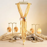 Marbled Mustard and Stone Bead Tassel Y Necklace