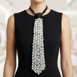 Allover White Pearl Studded Black Necktie Necklace