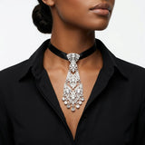Silver Filigree Rhinestone Necktie Choker Necklace