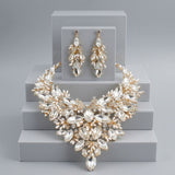Gold Glass Crystal Floral Large Bib Necklace Set