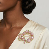 AKA Pink Pearl Wreath and Rhinestone Ribbon Brooch