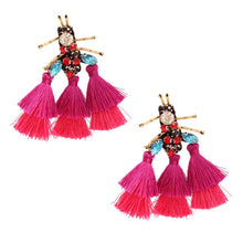 Load image into Gallery viewer, Rhinestone and Tassel Fuchsia Bee Earrings
