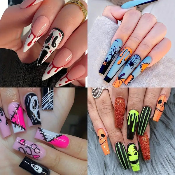 Press On Nails, Halloween Horror Grimace Blood Drop With Design, Mixed Fake Nails Long Almond/Coffin Glue On Nails Set With Adhesive Tabs Nails File For Women