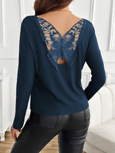 Cargar imagen en el visor de la galería, Lace Detail Butterfly Back Round Neck Long Sleeve T-Shirt
