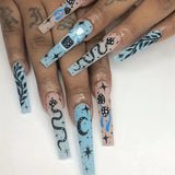 Press On Nails Long Length Fake Nails Flame Star & Snake False Glue On Coffin Ballet French Nails Static Nails For Women Girls