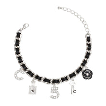 Cargar imagen en el visor de la galería, Anklet Black Woven Silver Chain Camellia Charms
