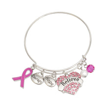 Load image into Gallery viewer, Breast Cancer Silver Wire Pink Believe Bangle
