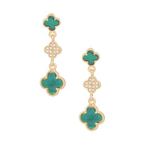 Load image into Gallery viewer, Dangle Gold Green Quatrefoil Rhinestone Earrings
