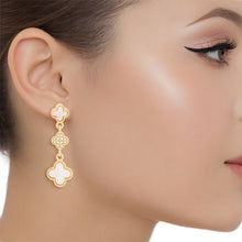 Load image into Gallery viewer, Dangle Gold White Quatrefoil Rhinestone Earrings

