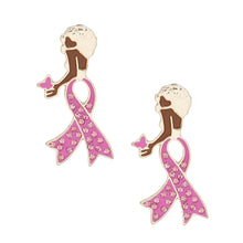 Load image into Gallery viewer, Breast Cancer Stud Gold Pink Ribbon Leg Earrings

