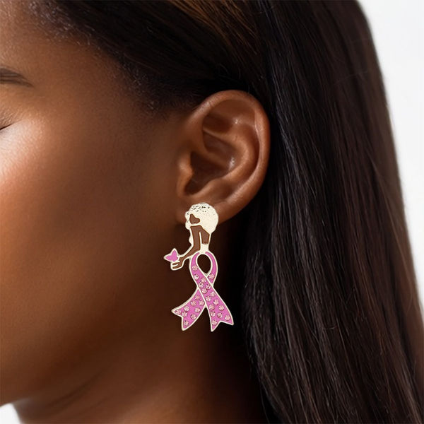 Breast Cancer Stud Gold Pink Ribbon Leg Earrings