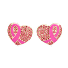 Cargar imagen en el visor de la galería, Studs Gold Heart Pink Stone Cancer Ribbon Earrings

