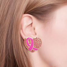 Cargar imagen en el visor de la galería, Studs Gold Heart Pink Stone Cancer Ribbon Earrings
