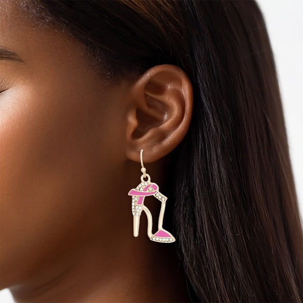 Breast Cancer Fish Hook Gold Heel Ribbon Earrings