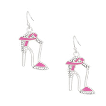 Load image into Gallery viewer, Breast Cancer Fish Hook Silver Heel Ribbon Earrings
