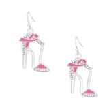 Breast Cancer Fish Hook Silver Heel Ribbon Earrings