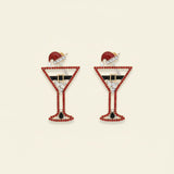 Stud Silver Tipsy Santa Red Martini Xmas Earrings