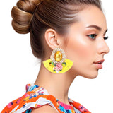 Studs Yellow Crystal Fan Tassel Floral Earrings