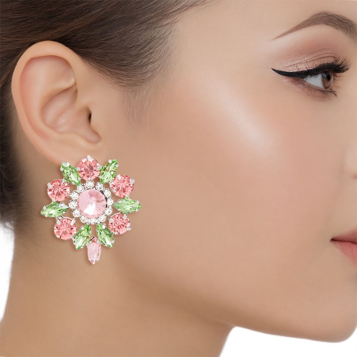 AKA Studs Pink Green Crystal Rounded Earrings