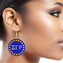 Load image into Gallery viewer, SGRHO Sorority Round Blue Fish Hook Earrings
