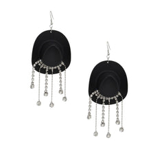 Load image into Gallery viewer, Fish Hook Black Cowgirl Hat Fringe Earrings
