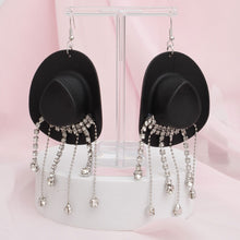 Load image into Gallery viewer, Fish Hook Black Cowgirl Hat Fringe Earrings
