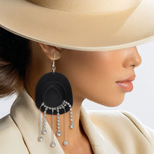 Load image into Gallery viewer, Fish Hook Black Cowgirl Hat Fringe Earrings
