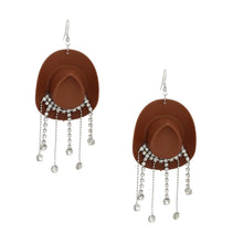 Load image into Gallery viewer, Fish Hook Brown Cowgirl Hat Fringe Earrings
