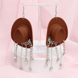 Fish Hook Brown Cowgirl Hat Fringe Earrings