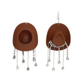 Fish Hook Brown Cowgirl Hat Fringe Earrings