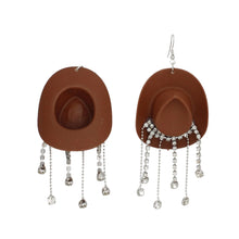 Load image into Gallery viewer, Fish Hook Brown Cowgirl Hat Fringe Earrings
