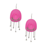 Fish Hook Fuchsia Cowgirl Hat Fringe Earrings