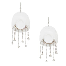Load image into Gallery viewer, Fish Hook White Cowgirl Hat Fringe Earrings
