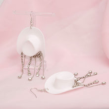 Load image into Gallery viewer, Fish Hook White Cowgirl Hat Fringe Earrings
